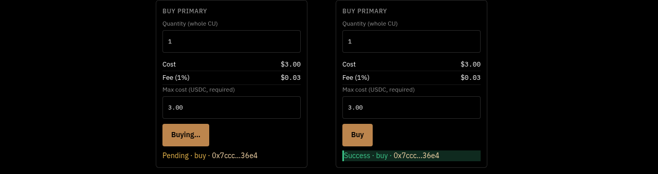 Buy ticket showing Pending and Success