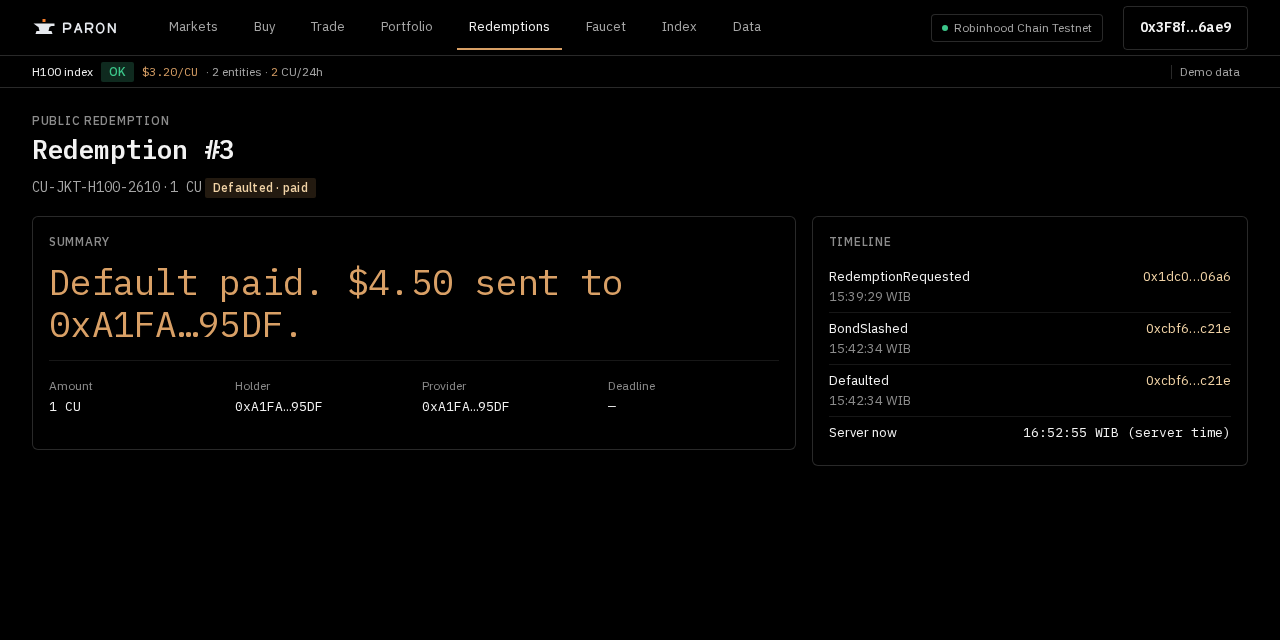 Redemption #3 showing Defaulted · paid
